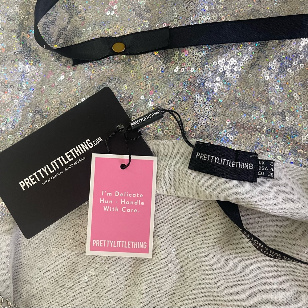 NWT pretty little thing Tarria Silver Sequin Chain Choker Mini Dress - Picture 7 of 11